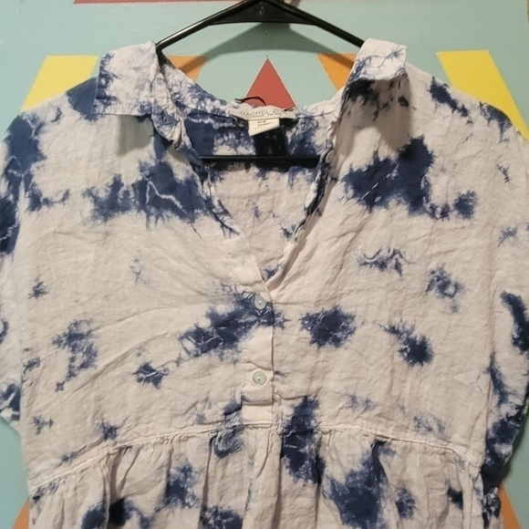 Rachel Zoe Women's Linen Blouse White And Blue Tie Dye Ruffle Hem  Size Medium - Picture 5 of 7